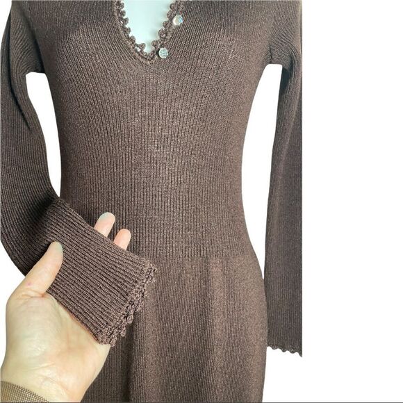 Vintage 60s Goldworm Knit Ribbed Crochet MIDI Chocolate Brown Sweater Dress XS - Picture 11 of 17